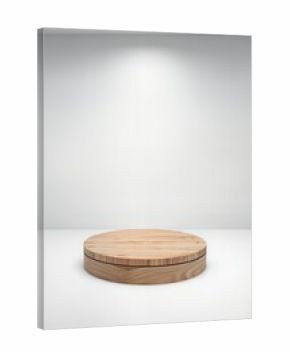 Wooden plate podium and white stage. Realistic 3d vector wood round platform or showcase on white wall background with soft lighting, for displaying cosmetic products, presentation or exhibition