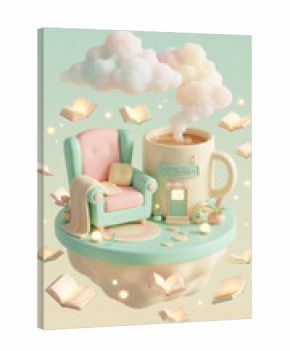 A cozy reading sanctuary on a floating island with a coffee mug house. Whimsical 3d illustration of a fantasy world with flying books and pastel clouds