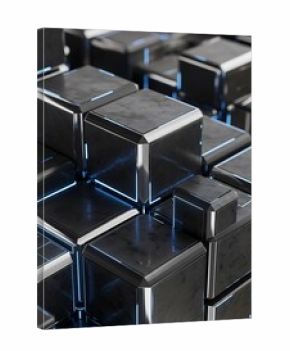 Abstract arrangement of shiny black cubes with blue neon accents
