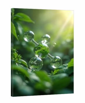 Molecular structure with green vegetation inside. 3D render of molecule floats amid leaves and bright sunlight. Eco tech and sustainable chemistry concept. Green energy and nature.