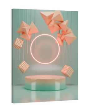 Abstract 3d scene with floating geometric shapes and a glowing oval frame