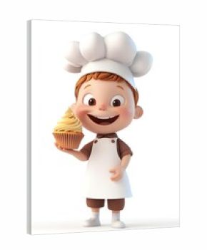 3d rendering of a little chef with a cupcake on white background