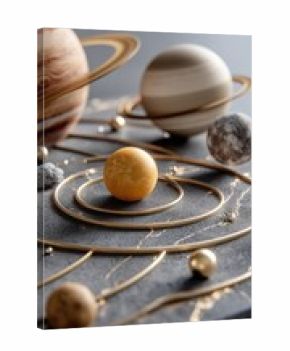 3d rendering of the solar system with the sun at the center and planets in orbit on a dark background