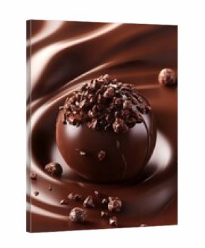 Chocolate brown background with a 3D chocolate truffle in the center, rich and velvety 
