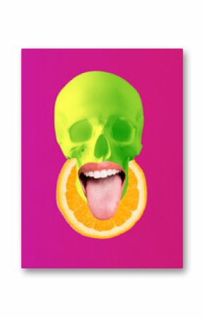 Sketch image artwork composite 3D photo collage of feeding dinner restaurant cooking meal orange citrus slice bone skull mouth lips tongue