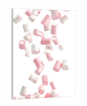 A whimsical 3D animation featuring falling marshmallows against a stark white background, with a fully focused depth of field and a transparent PNG background.