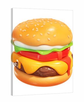 3D cartoon burger icon with cheese, lettuce, and tomato isolated on white