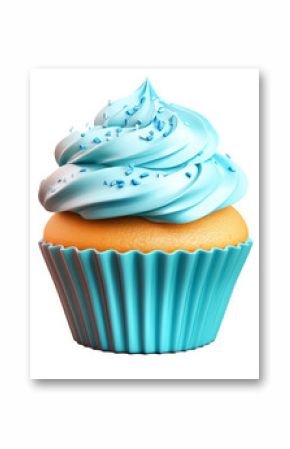 3D cartoon cupcake with blue frosting and sprinkles on transparency background