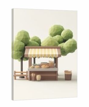 A low-poly illustration of a food stall with a yellow awning and a bench.