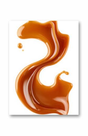 Caramel splash, sweet liquid candy swirl and wave, splashing with droplets. 3d Melted toffee syrup with splatters and dynamic motion isolated on white background