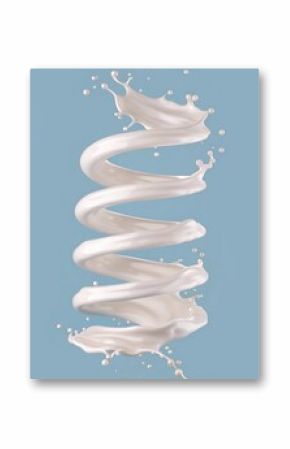 3d render, digital illustration, milk spiral jet, white splash, liquid wave, paint, loops, curvy line, blue background  