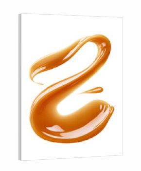 3d Caramel splash, sweet liquid candy swirl and wave, splashing with droplets. 3d Melted toffee syrup with splatters and dynamic motion isolated on white background