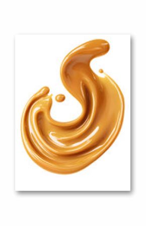 3d Caramel splash, sweet liquid candy swirl and wave, splashing with droplets. 3d Melted toffee syrup with splatters and dynamic motion isolated on white background