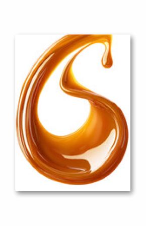 3d Caramel splash, sweet liquid candy swirl and wave, splashing with droplets. 3d Melted toffee syrup with splatters and dynamic motion isolated on white background