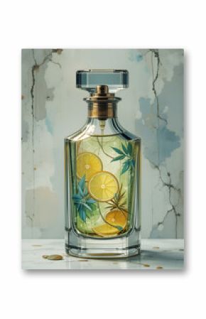 flacon of perfume include stylize element of fragrance such as citrus, herbs. painting 3d render watercolor style. Ai generated.