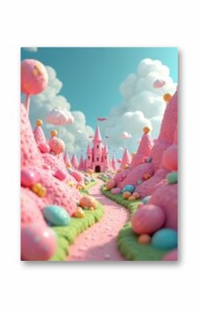 Pastel pink candy landscape features pink castle. Road of sweets, lollipops leads to castle. Candy hills scattered with colorful eggs, lollipops. Bright sky with fluffy clouds complements sugary