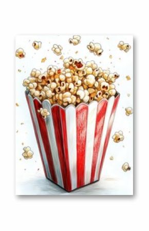 A colorful drawing of popcorn in a striped box.