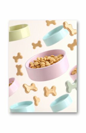 Dry pet food and bones floating in pastel colored bowls, a 3d render of healthy nutrition for cats and dogs