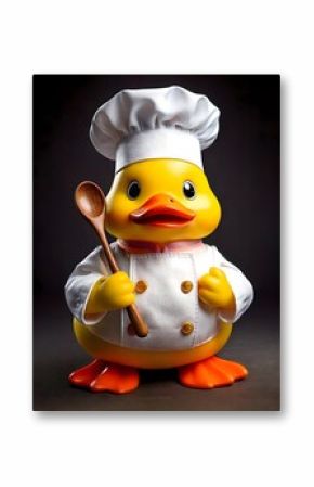 A master chef rubber duck with a white hat and a tiny wooden spoon, looking ready to cook.