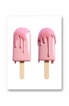 Melting pink ice pops on white background