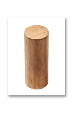 isometric 3d wooden pedestal cylinder, natural timber texture, rustic display stand, minimalist round podium, smooth wood grain, on isolated background 