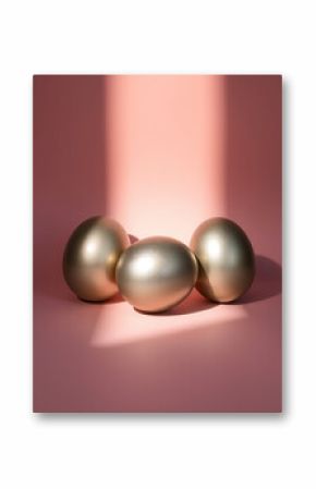 A minimalist three metallic golden Easter eggs on pastel pink background. Cast bronze surface, natural earth tones, browns, beiges, muted colors, antique patina 