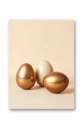 A minimalist three metallic golden Easter eggs on pastel beige background. Cast bronze surface, natural earth tones, browns, beiges, muted colors, antique patina 