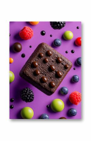Chocolate Brownie with awesome syrup on a solid background. Caramelized. Ideal for conveying the fun and pleasure of sweet breakfasts. Background 