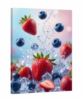 Strawberry and blueberries, some open and some falling, with a splash of ice water and ice in 4k to show freshness of both fruits, pastel background blurred. 3d illustration. 