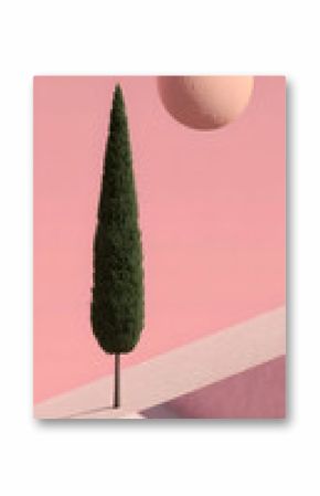 Minimalist Pink Landscape with a Cypress Tree and Sphere