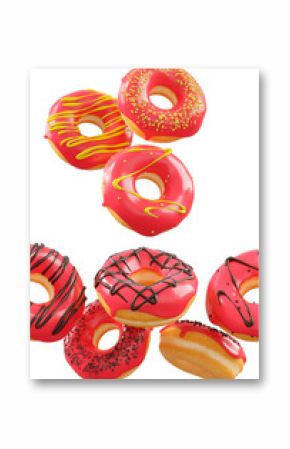 Donuts with red fruit glaze, sprinkles, white drizzle, and dots isolated on white transparent background. 3d rendering and illustration of dessert variety
