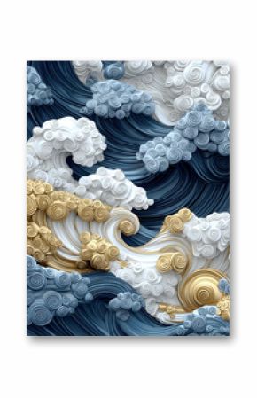 Abstract 3D Waves in Blue White and Gold