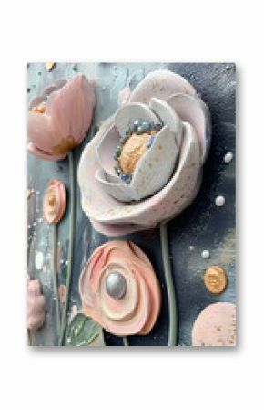 Closeup of Textured 3D Floral Art: Pink, Peach, and White Flowers on a Blue and Gray Background