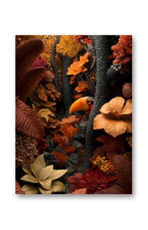 Vibrant Toucan Amidst Autumnal Leaves in a 3D Digital Forest