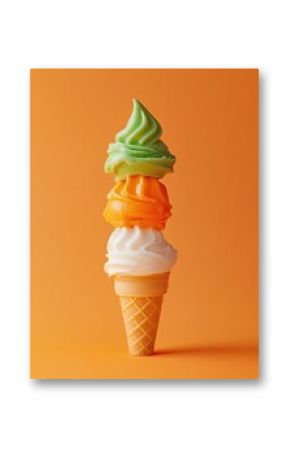 Three-scoop ice cream cone, vibrant colors