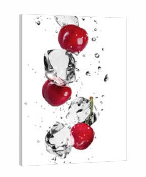 Fresh cherries with ice cubes, isolated on white background