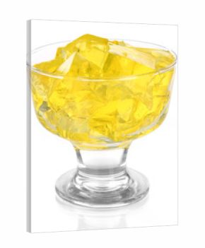 Tasty jelly cubes in bowl isolated on white