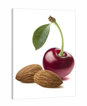 Single red cherry double almonds isolated on white background as package design element