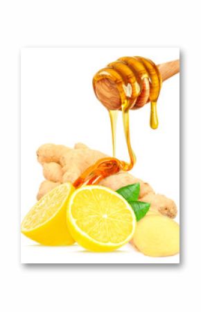 ginger with lemon and honey isolated on white background