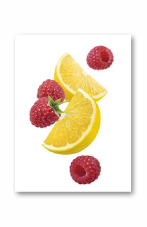 Lemon raspberry falling vertical composition isolated on white background