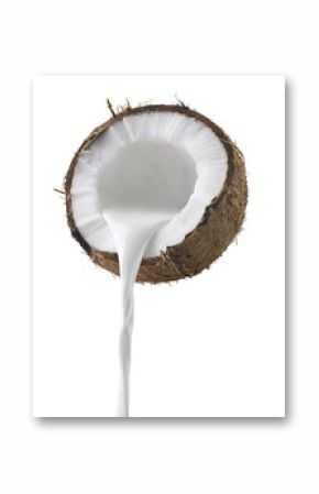 Coconut milk pouring side view isolated on white background