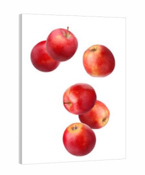 Falling red apples isolated on white.