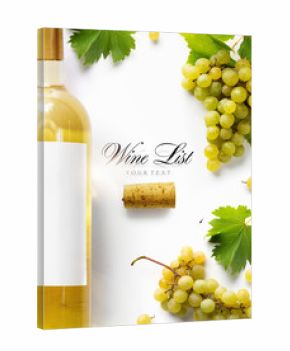 wine list background  sweet white grapes and wine bottle