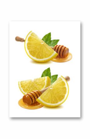 Lemon piece, honey dipper set isolated on white