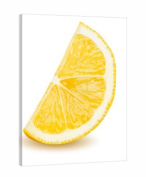 Ripe slice of yellow lemon citrus fruit stand isolated on white background. Lemon citrus fruit wedge with clipping path