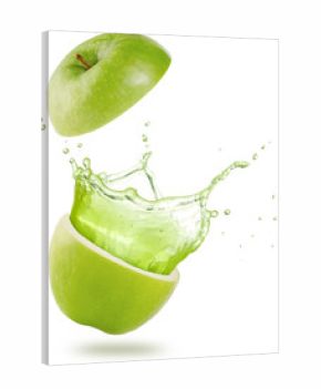 juice splashing out of a green apple isolated on white background