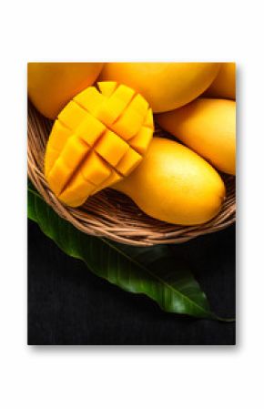 Yellow Mango Beautiful skin In the basket Blackboard background