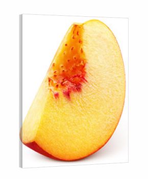 Slice of ripe peach fruit isolated on white background. Peach slice with clipping path. Full depth of field.