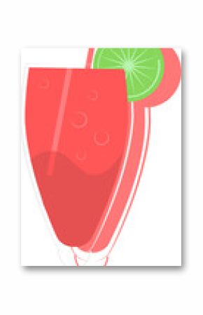 Displaying flat-design glass with red-pink fizz, white straw and lime garnish on transparent canvas