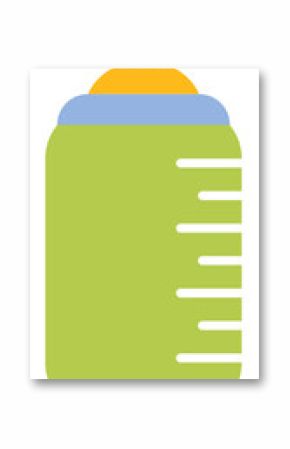 Flat baby bottle is floating on clear bg showing lime-green white lines blue collar yellow cap